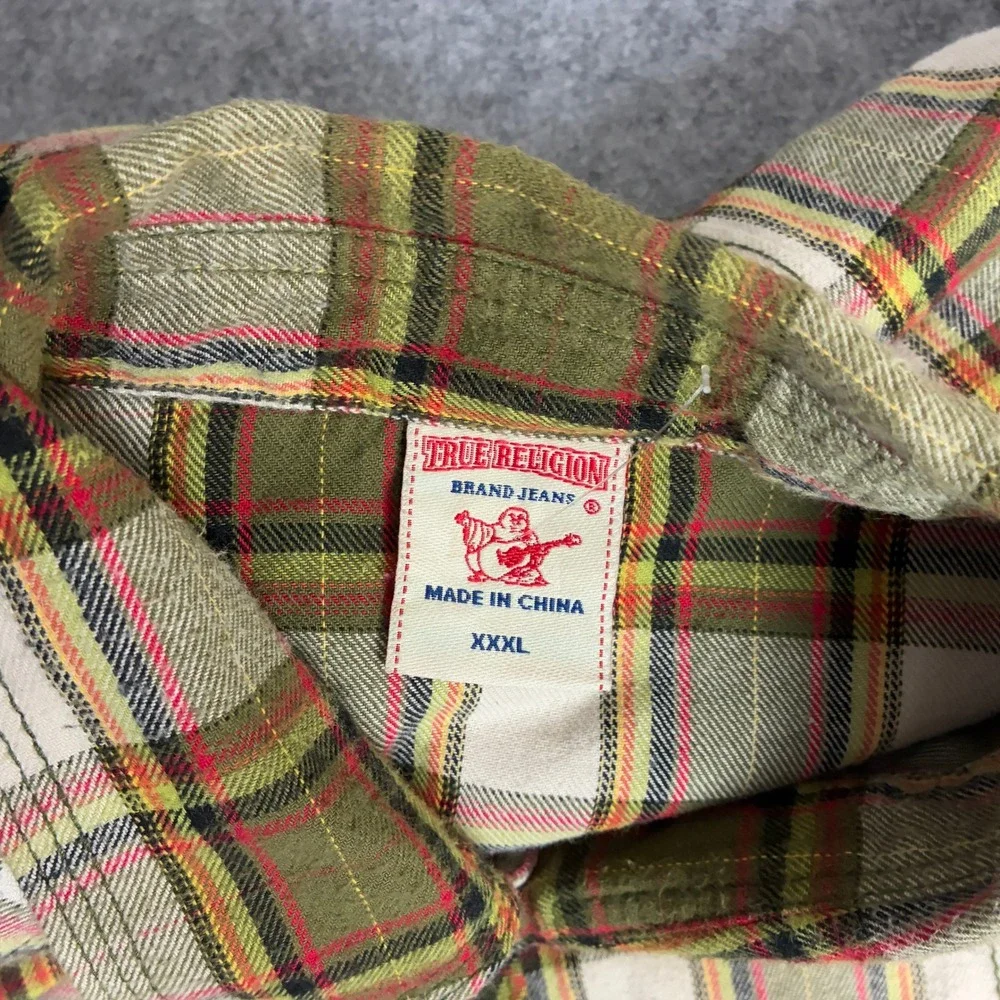 True Religion Mens 3XL Western Plaid Flannel Shirt Pearl Snap Green Y2K XXXL